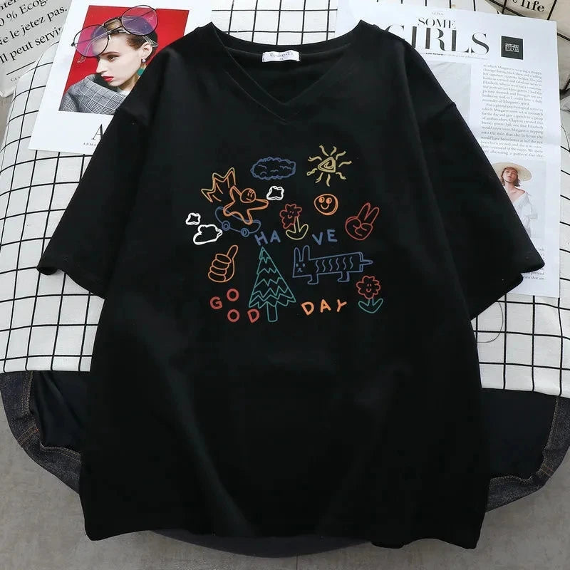 Plus Size 6XL 150KG Women Cartoon T Shirt Short Sleeve V Neck Ladies Streetwear Large Tee Top Female Kawaii Tshirt