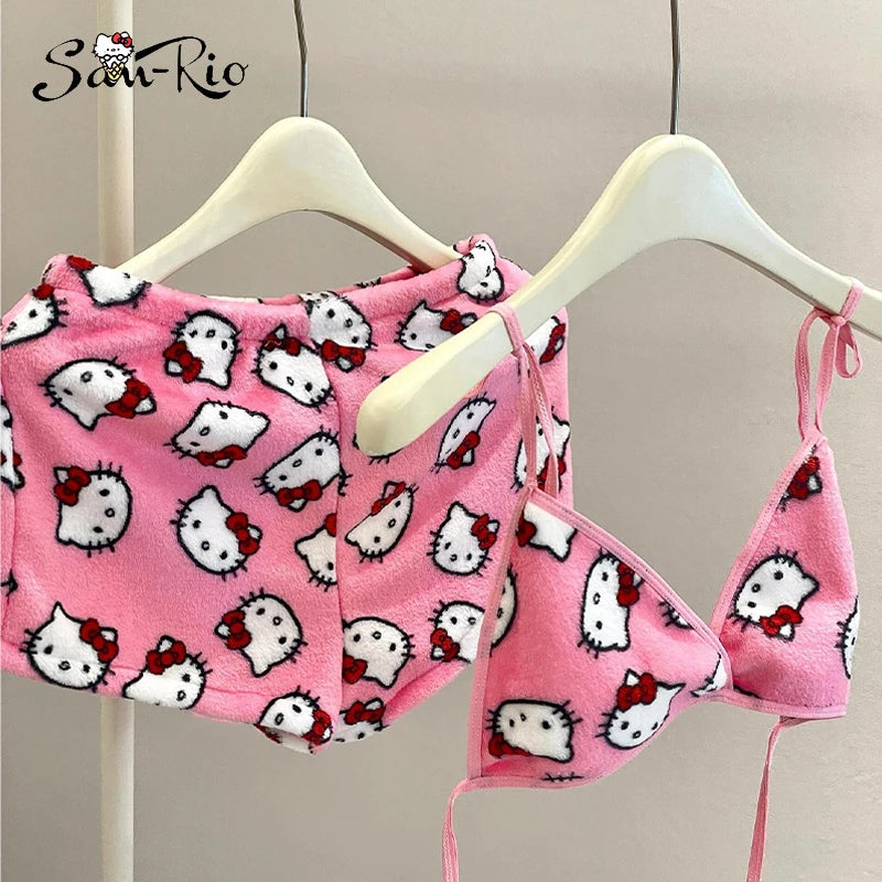 Sanrio Hello Kitty Women's Pajamas Set Sleepwear 2Pcs Short Tank Tops and Shorts Sexy Plush Homewear Women Pajamas Bra Sets