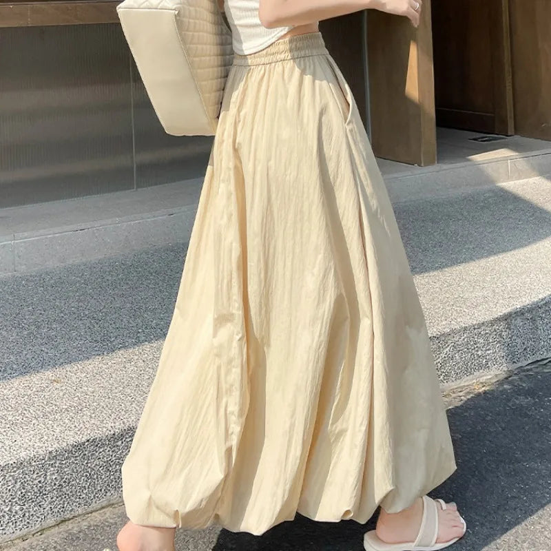 Solid Color Casual Long Skirt For Women 2024 Summer Fashion Women's Bubble Skirt Female Korean High Waist Elastic A-Line Skirt