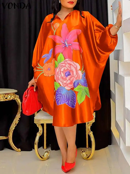 Plus Size 5XL VONDA Women Bohemian Sundress 2025 Autumn Floral Printed Elegant Midi Dress 3/4 Bat Sleeve Casual Loose Retro Robe