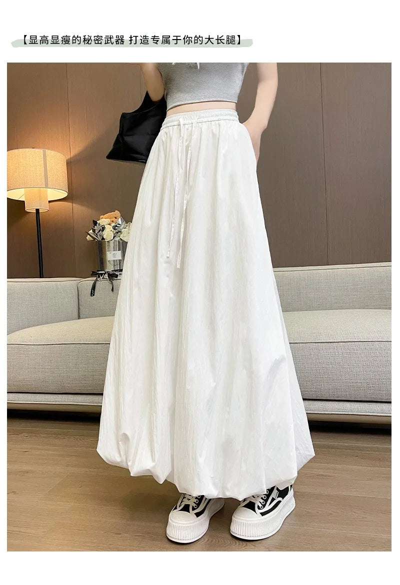 Solid Color Casual Long Skirt For Women 2024 Summer Fashion Women's Bubble Skirt Female Korean High Waist Elastic A-Line Skirt