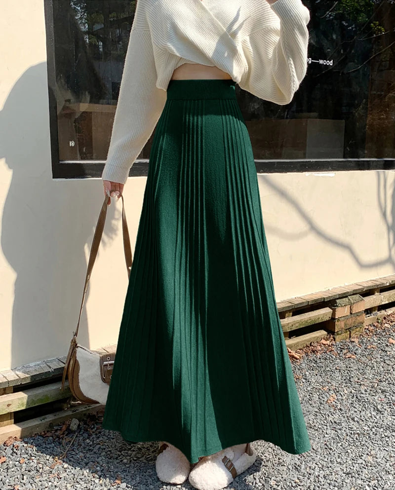 MEXZT Elegant Knitted Midi Skirt Women Fashion High Waist Black Pleated Skirts Fall Winter Ladies Korean Slim A Line Skirt New