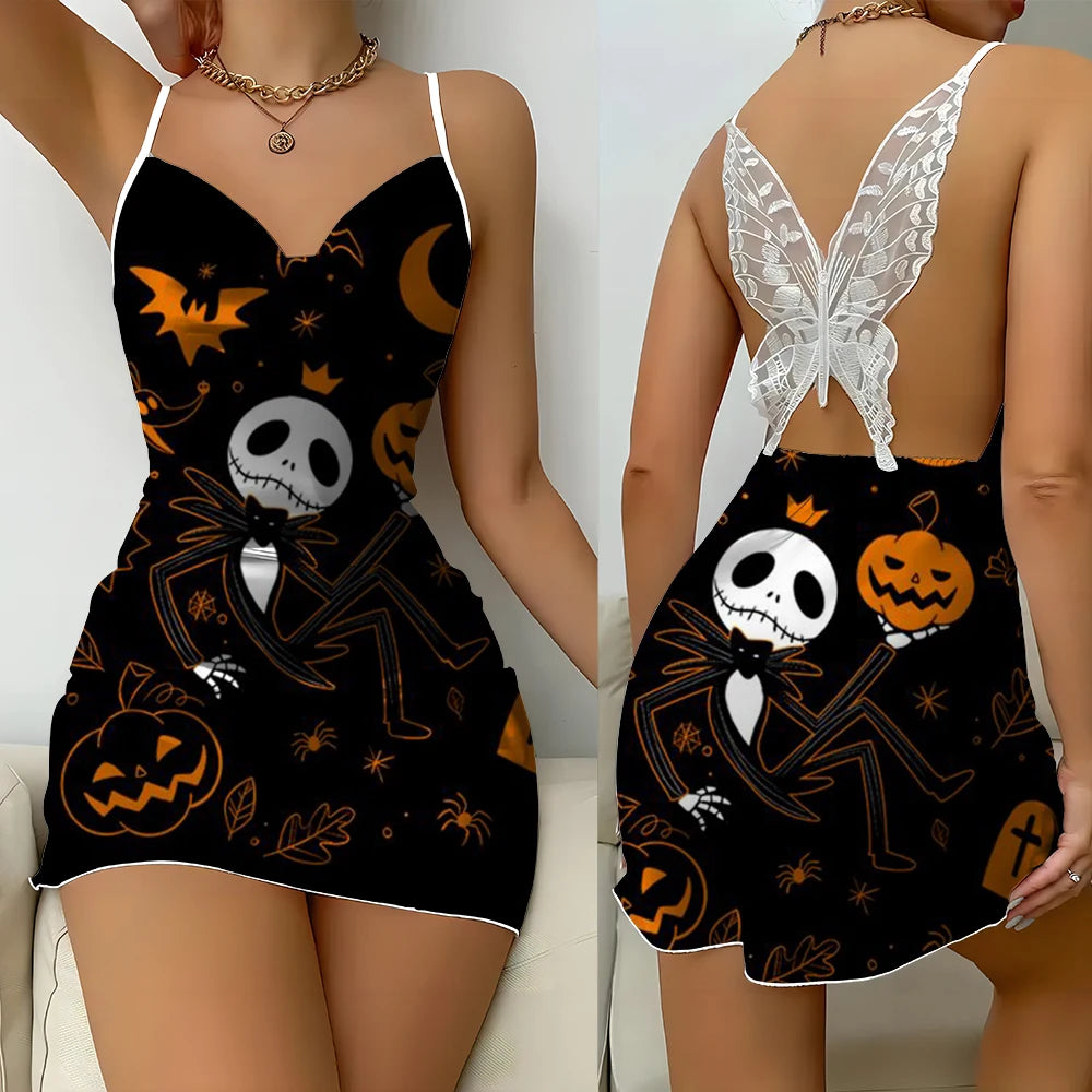 Women's Nightmare Before Christmas Jack and Sally Home Nightdress Printed Suspender V-neck Backless Lace Women's Fashion Dress