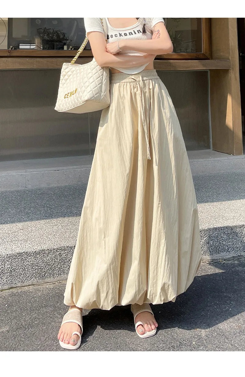 Solid Color Casual Long Skirt For Women 2024 Summer Fashion Women's Bubble Skirt Female Korean High Waist Elastic A-Line Skirt