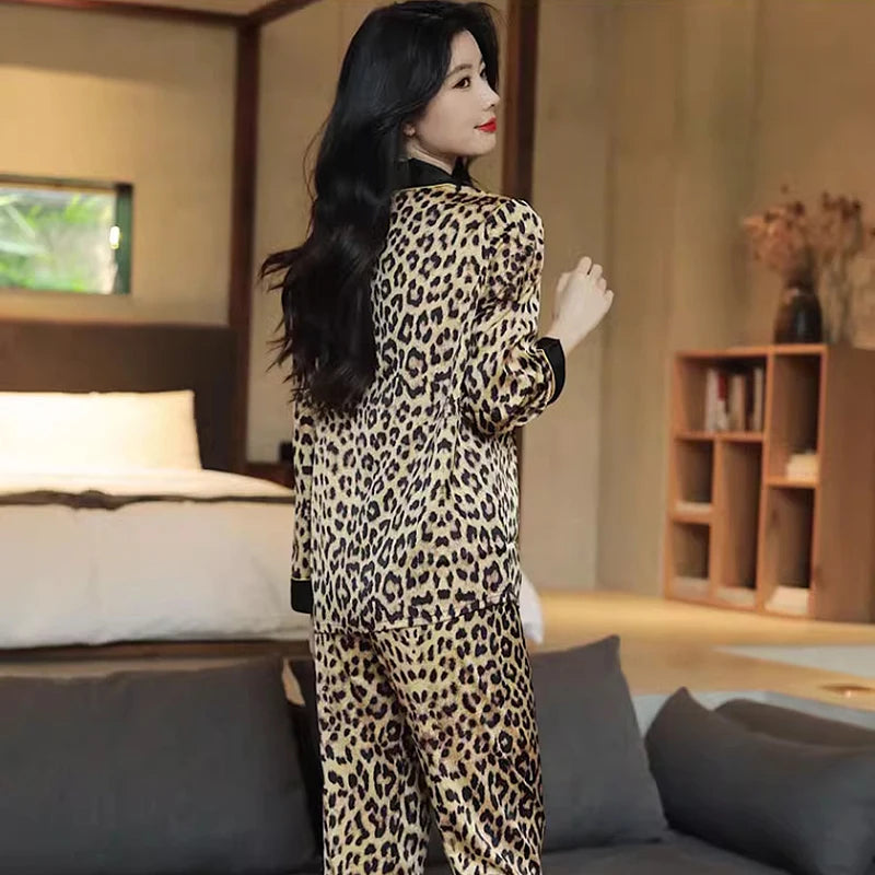 Europe & American Retro Leopard Women's Pajamas Elegant Trendy Print Lazy Fashion Sleepwear 2024 New Summer 2pcs Casual Homewear