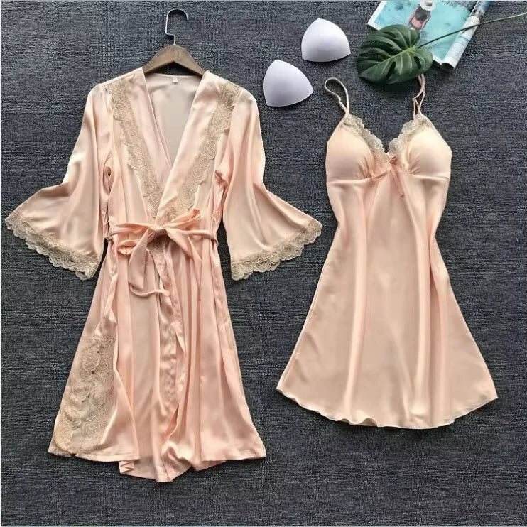 2PCS Leepwear Female Pajamas Set Satin Home Pyjamamas Lace Robe Sleep Suit V-Neck Wedding Nightwear Wear Nighty&Rob