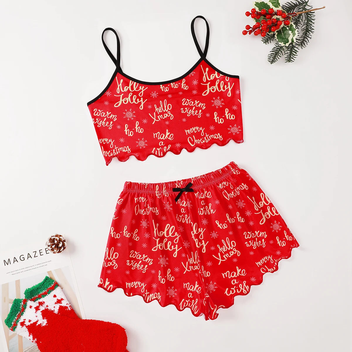 Women's 2pcs Cute Soft Comfy Christmas Set Cartoon  Print Strap Top Santa Claus Shorts Home Suit Sexy Pajamas