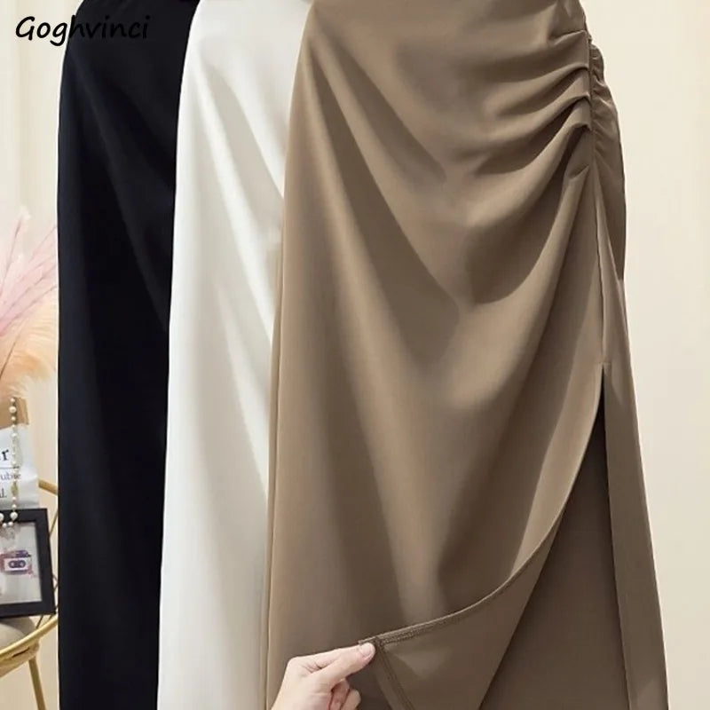 Midi Skirts Women Side-slit Fashionable Office Ladies Autumn Gentle Folds Ulzzang Mujer Sweet Attractive Faldas Simple Versatile