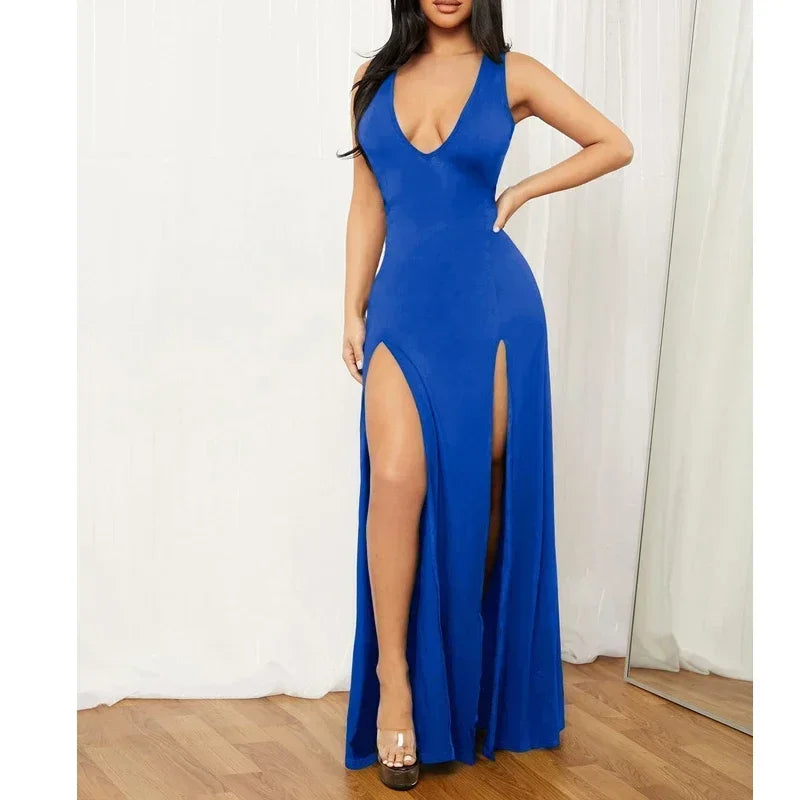 New Low-Cut V-Neck Sleeveless Double Slit Sexy Black Suspender Floor-Length Dress High-Waisted Women's Cocktail Party Long Dress