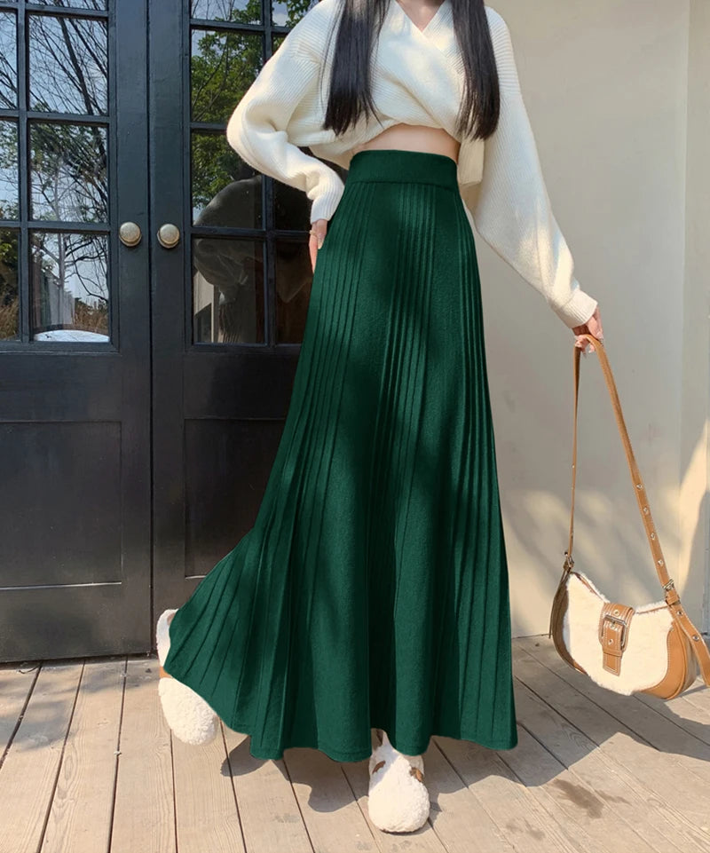 MEXZT Elegant Knitted Midi Skirt Women Fashion High Waist Black Pleated Skirts Fall Winter Ladies Korean Slim A Line Skirt New