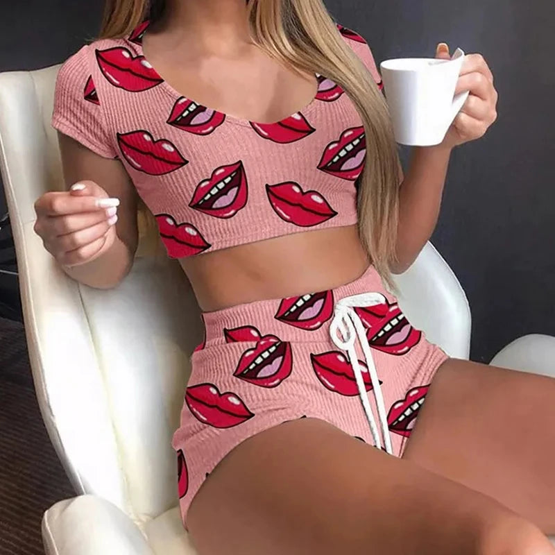 Summer Short Sexy Casual Lips Print Female Sleepwear Suit Pajamas Top+Pants Skinng Women Homewear Underwear