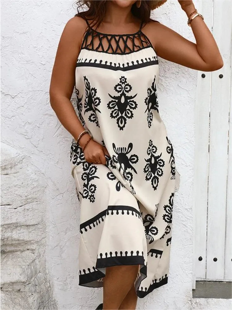 Plus Size Contrast Lace O-Neck Women Dresses Sleeveless A-Line Long Robe Geometric Print Oversized Summer Vacation Clothing