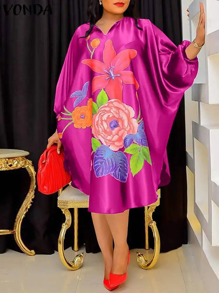 Plus Size 5XL VONDA Women Bohemian Sundress 2025 Autumn Floral Printed Elegant Midi Dress 3/4 Bat Sleeve Casual Loose Retro Robe