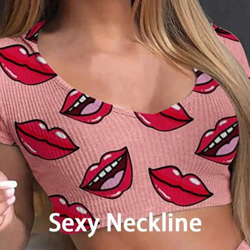 Summer Short Sexy Casual Lips Print Female Sleepwear Suit Pajamas Top+Pants Skinng Women Homewear Underwear