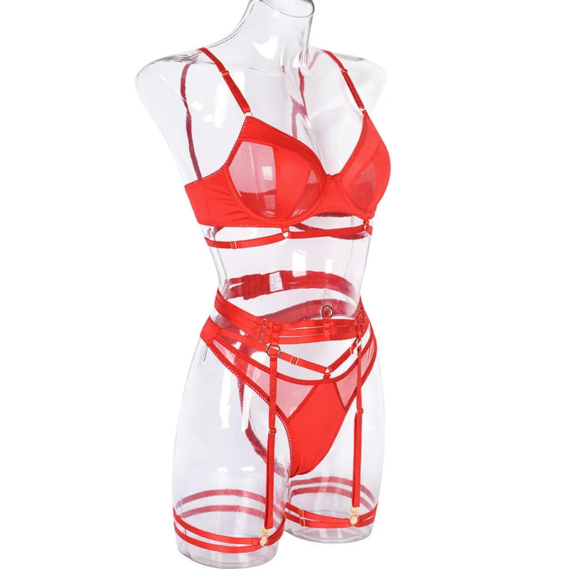 Yimunancy 3-Piece Lingerie Set Women Sexy Erotic Mesh Patchwork Bra + Brief Underwear Set Bandage Garter Kit