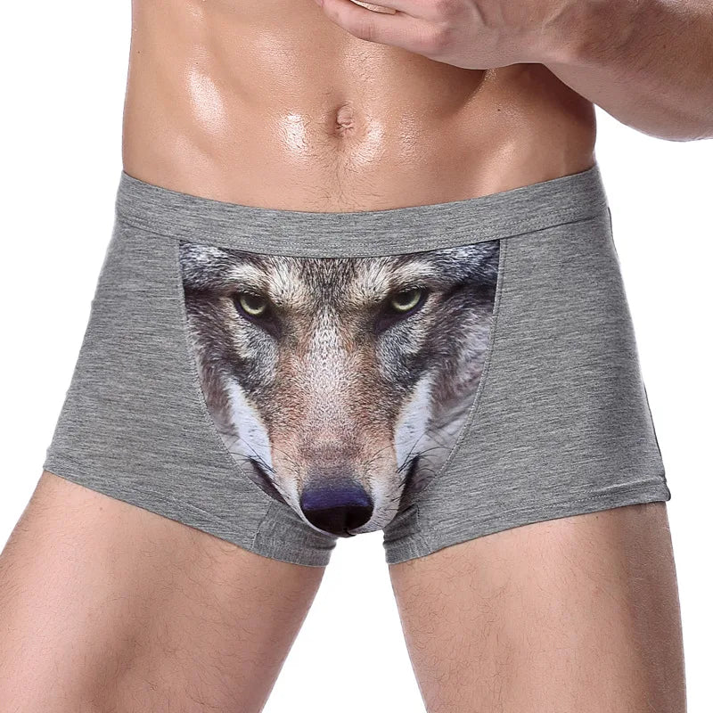 L-7XL Men's 3D Personality Panties Creative Wolf Head Animal Print Modal Underpants Mid-waist Breathable Boxer Shorts