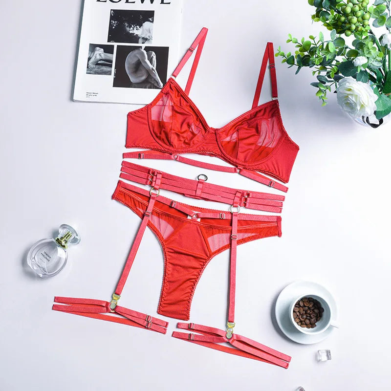 Yimunancy 3-Piece Lingerie Set Women Sexy Erotic Mesh Patchwork Bra + Brief Underwear Set Bandage Garter Kit