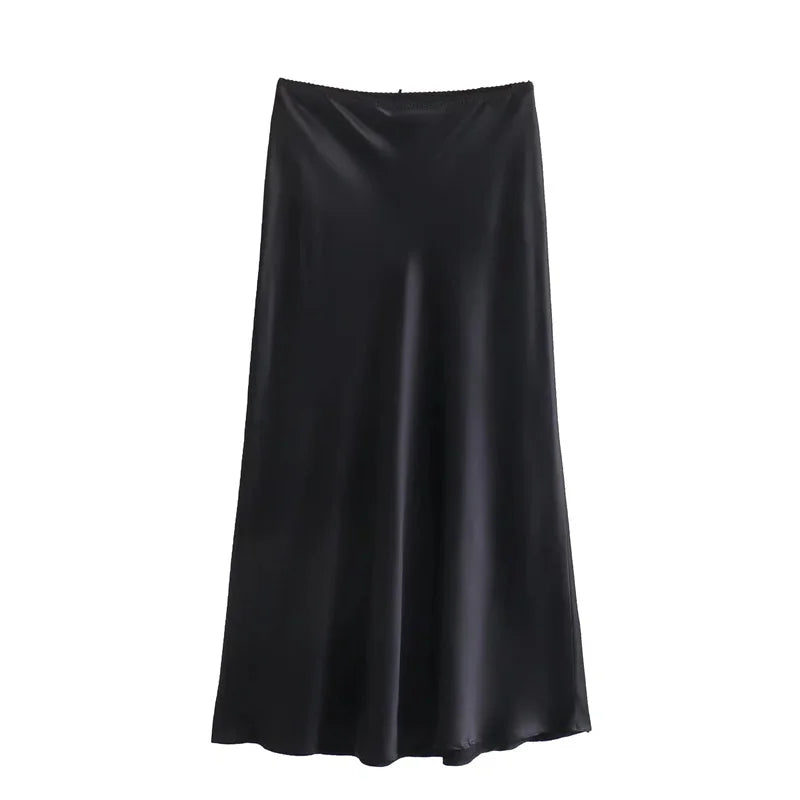 TRAF Black Satin Skirt Woman Bow Elegant Long Skirts For Women 2024 Summer High Waist Midi Skirt Fashion New In Women's Skirts