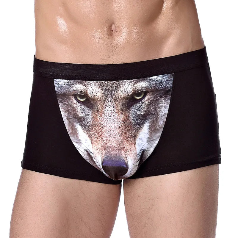 L-7XL Men's 3D Personality Panties Creative Wolf Head Animal Print Modal Underpants Mid-waist Breathable Boxer Shorts