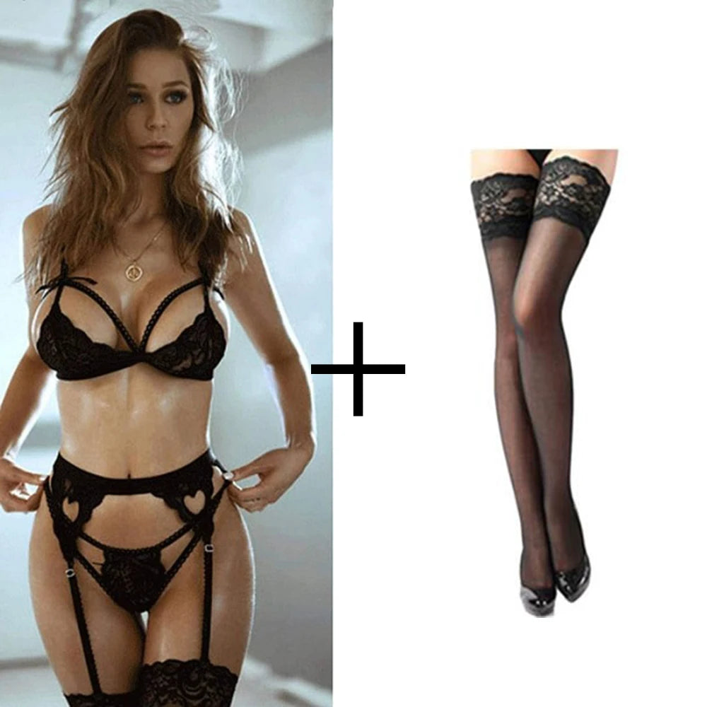 Sexy Women Underwear Set Babydoll Transparent Lace Bra +garter Belt +Thong 3-piece Set Hot Erotic Bra Lingerie Set Porn Clothes