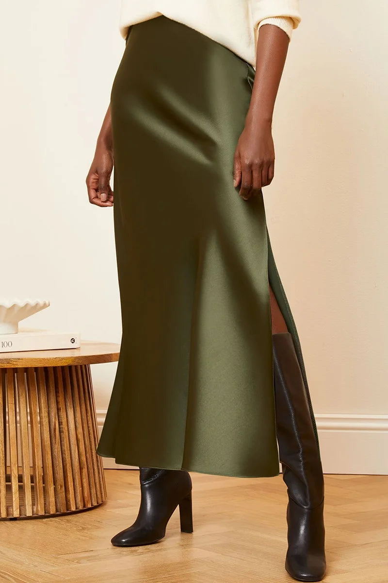 Long Satin Skirts For Women Summer High Quality Skirt With Slit On The Side Silk Elegant Black Maxi Luxury Women's Skirts 2024