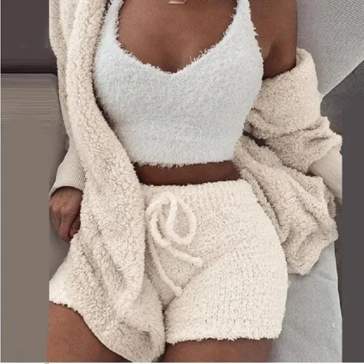 2024 New Autumn Winter Women's Velvet Pajamas Set Crop Top+Long Pants+Coat 3 Pieces Suit Warm Soft Fleece Homewear Pyjamas S-3XL