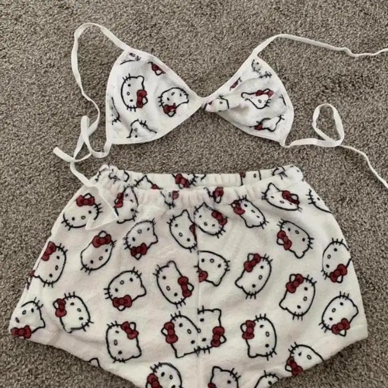 Sanrio Hello Kitty Women's Pajamas Set Sleepwear 2Pcs Short Tank Tops and Shorts Sexy Plush Homewear Women Pajamas Bra Sets