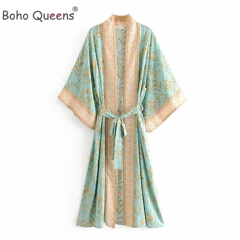 Boho Queens Fashion Women Green Floral Print Bat Sleeve Rayon Beach Bohemian Kimono Ladies V Neck Boho Robe Bikini Cover-ups