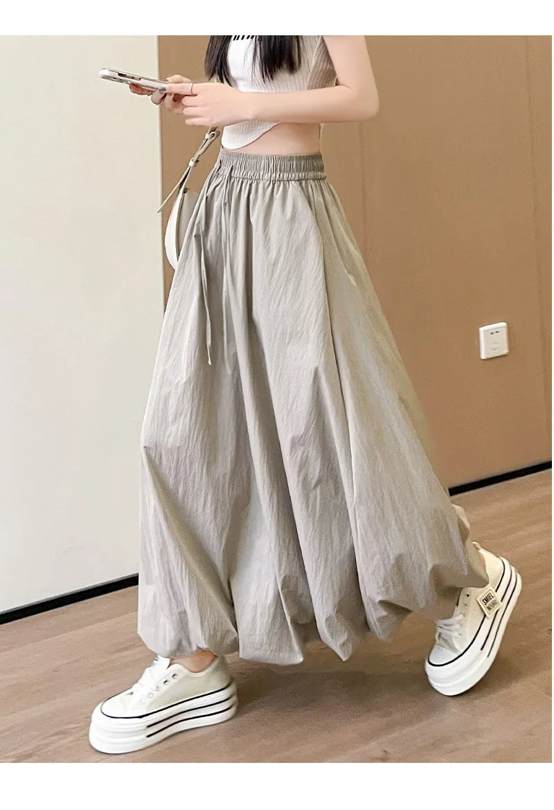 Solid Color Casual Long Skirt For Women 2024 Summer Fashion Women's Bubble Skirt Female Korean High Waist Elastic A-Line Skirt