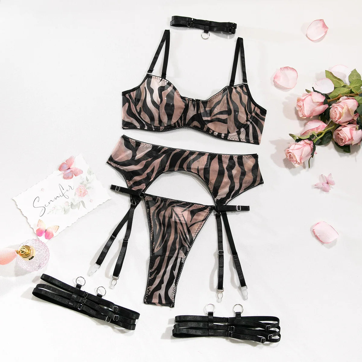 Koltailace Zebra Bra + Panty Print Mesh Lingerie Transparent Underwear Set Erotic Sexy Garter Intimates