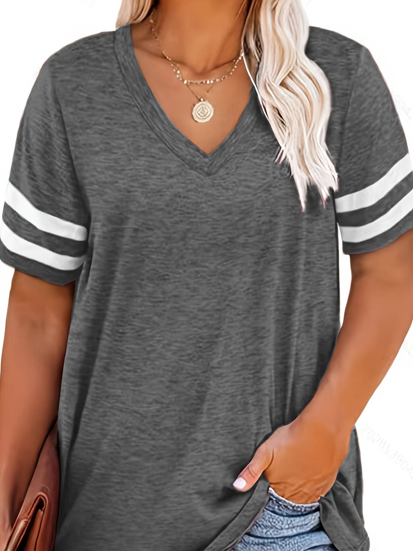 Plus Size Colorblock V Neck T-shirt, Women's Plus Slight Stretch Short Sleeve Casual Tee Plus Size Women Clothing