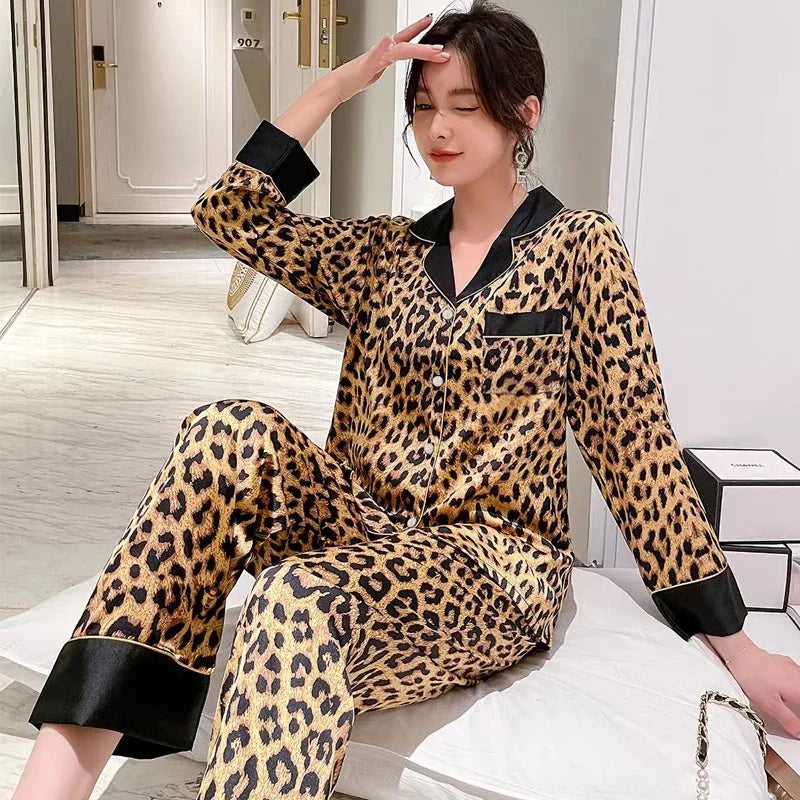 Europe & American Retro Leopard Women's Pajamas Elegant Trendy Print Lazy Fashion Sleepwear 2024 New Summer 2pcs Casual Homewear