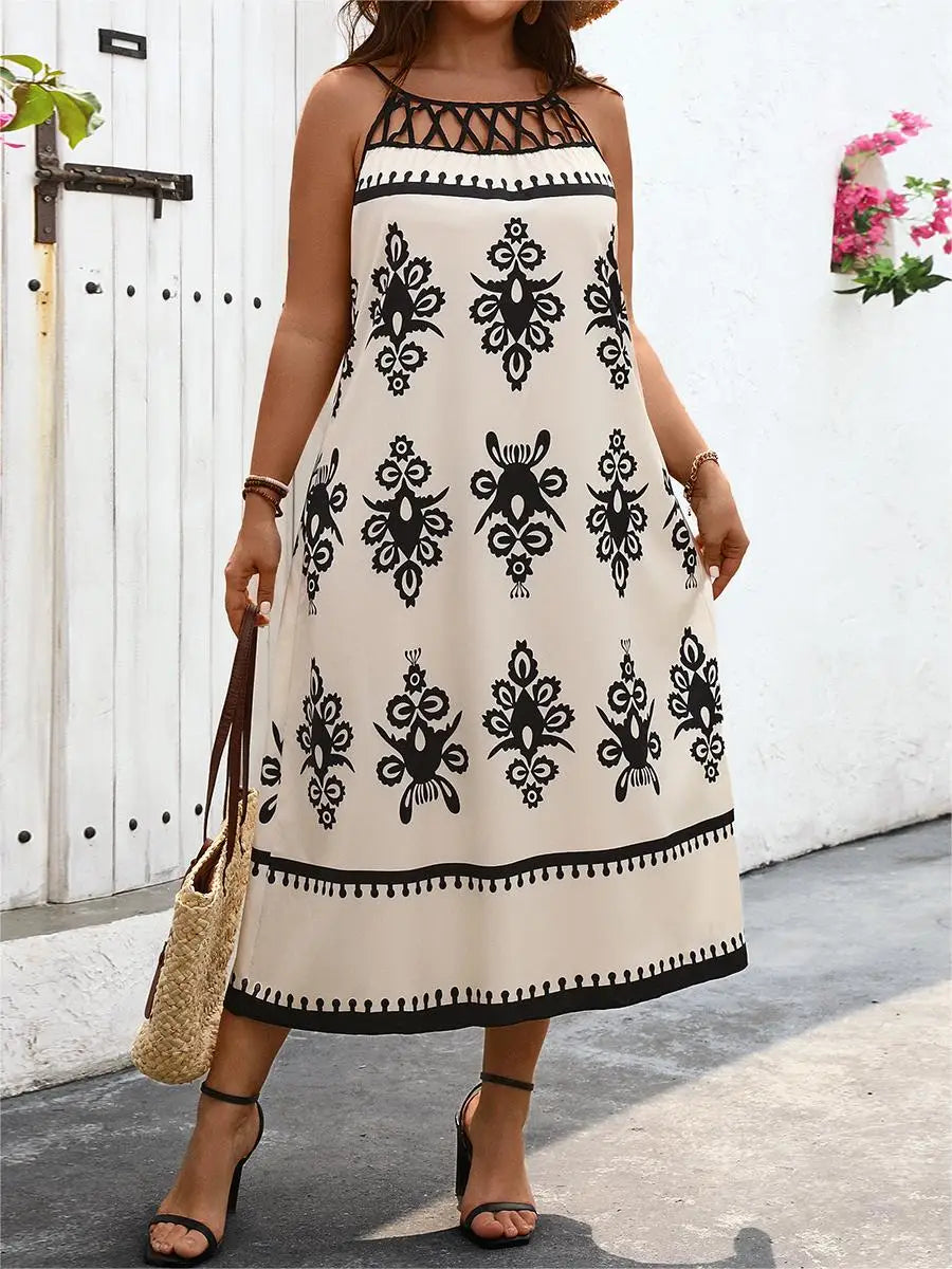 Plus Size Contrast Lace O-Neck Women Dresses Sleeveless A-Line Long Robe Geometric Print Oversized Summer Vacation Clothing