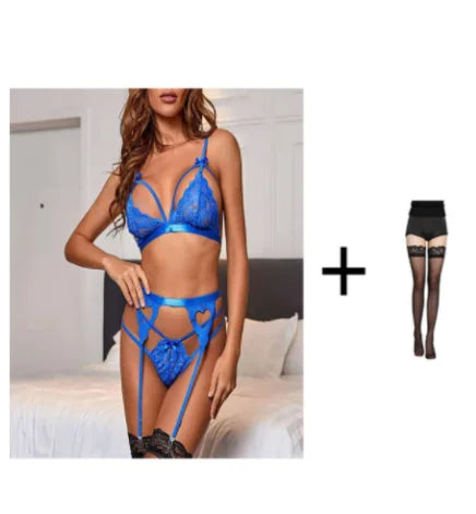 Sexy Women Underwear Set Babydoll Transparent Lace Bra +garter Belt +Thong 3-piece Set Hot Erotic Bra Lingerie Set Porn Clothes