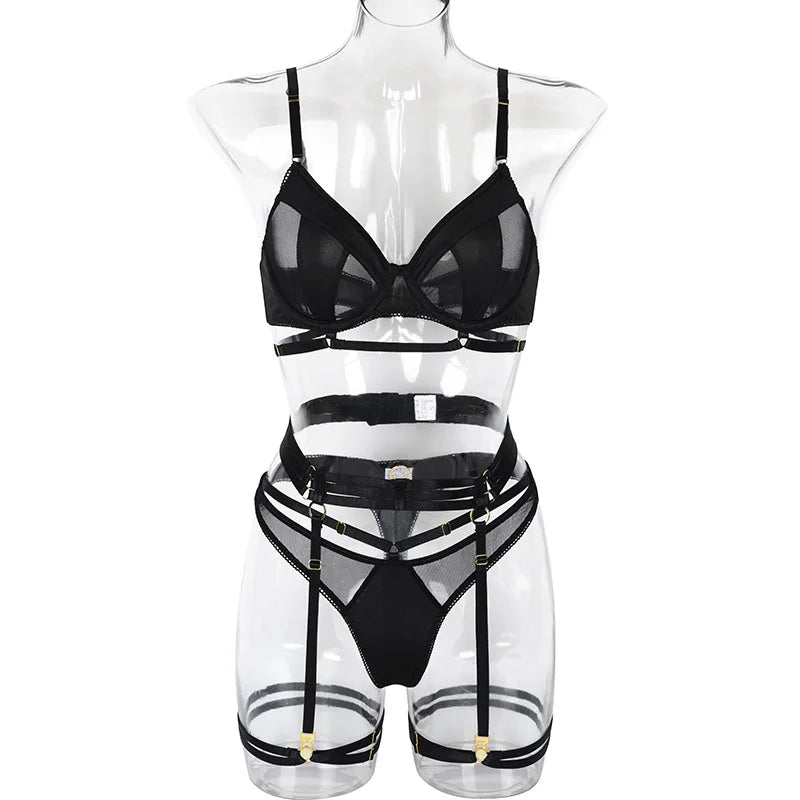 Yimunancy 3-Piece Lingerie Set Women Sexy Erotic Mesh Patchwork Bra + Brief Underwear Set Bandage Garter Kit