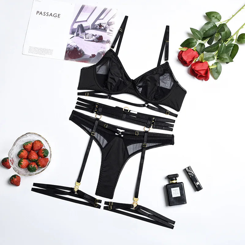 Yimunancy 3-Piece Lingerie Set Women Sexy Erotic Mesh Patchwork Bra + Brief Underwear Set Bandage Garter Kit