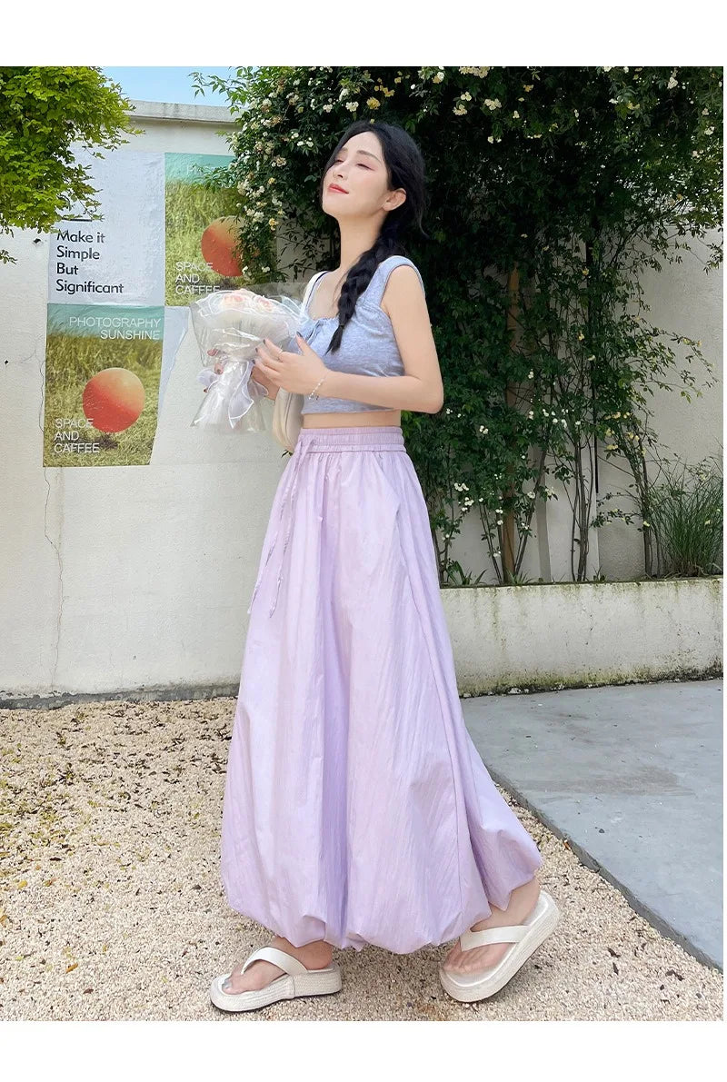 Solid Color Casual Long Skirt For Women 2024 Summer Fashion Women's Bubble Skirt Female Korean High Waist Elastic A-Line Skirt