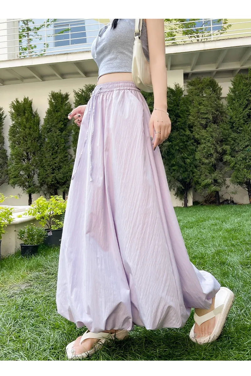 Solid Color Casual Long Skirt For Women 2024 Summer Fashion Women's Bubble Skirt Female Korean High Waist Elastic A-Line Skirt