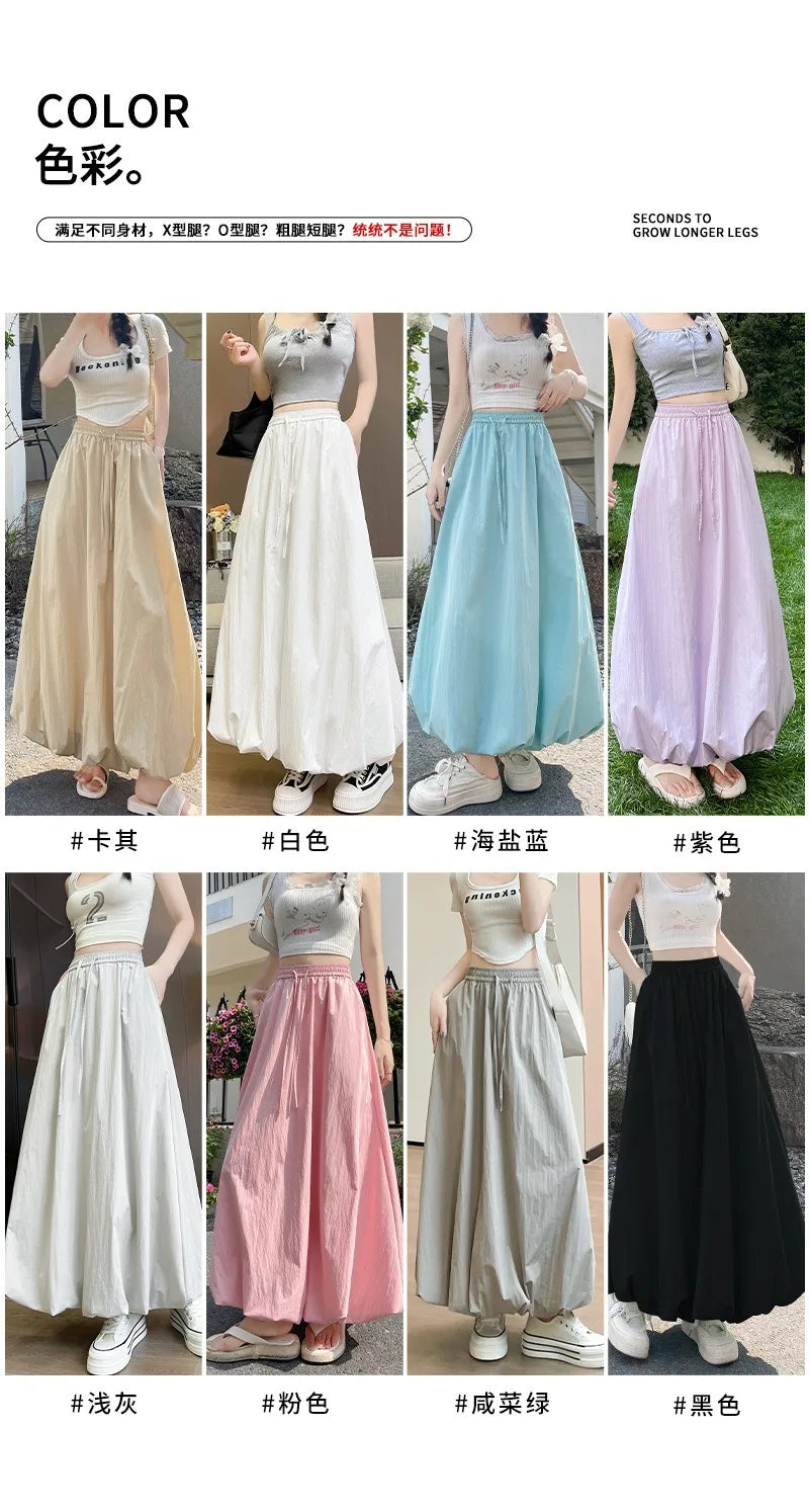 Solid Color Casual Long Skirt For Women 2024 Summer Fashion Women's Bubble Skirt Female Korean High Waist Elastic A-Line Skirt