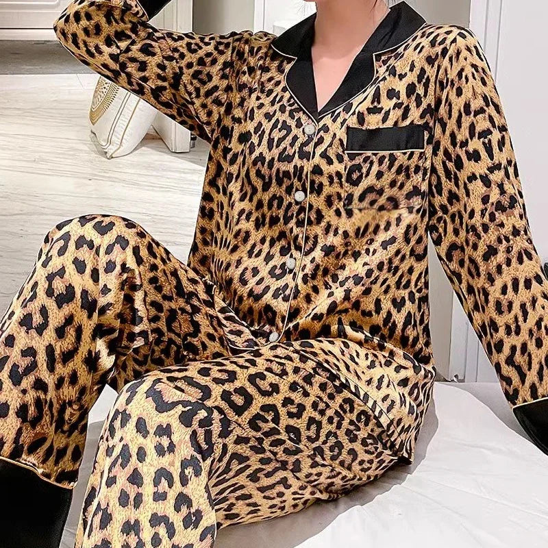 Europe & American Retro Leopard Women's Pajamas Elegant Trendy Print Lazy Fashion Sleepwear 2024 New Summer 2pcs Casual Homewear