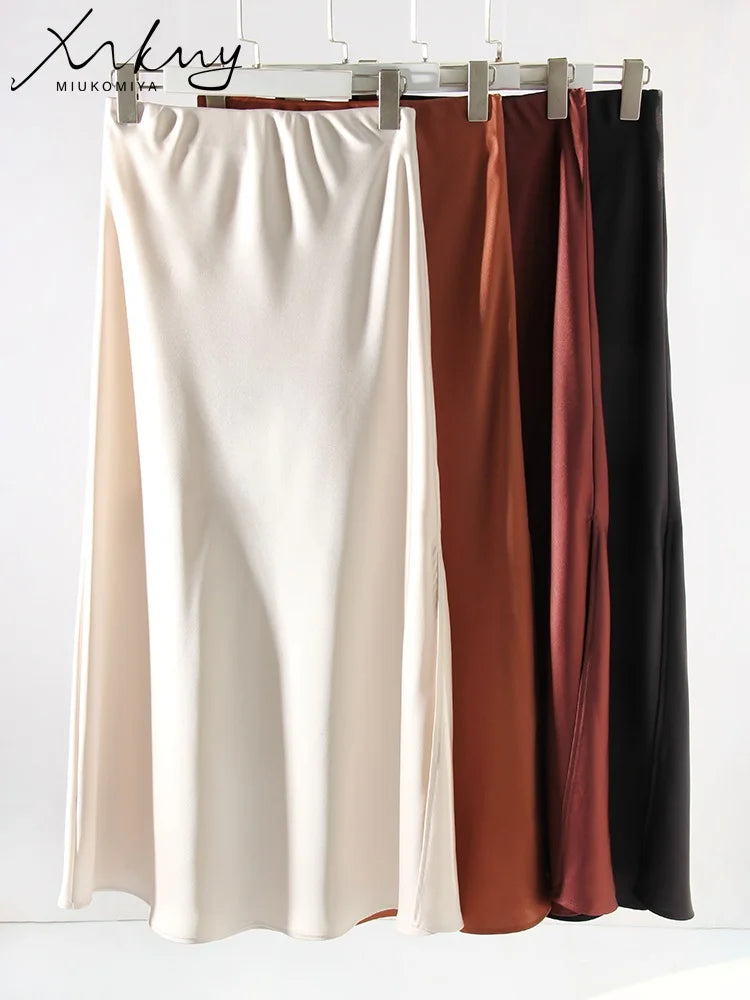 Long Satin Skirts For Women Summer High Quality Skirt With Slit On The Side Silk Elegant Black Maxi Luxury Women's Skirts 2024