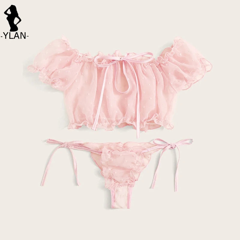 Women's Lingerie Sexy Mesh Bra Set Off Shoulder Ruffle Underwear Set Cute Dot Transparent Bras Thong Bandage Lenceria Intimates