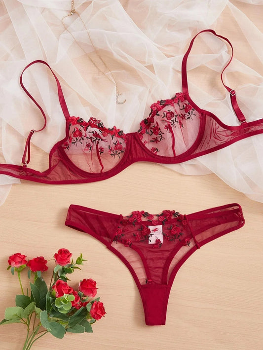 Red Lace Sexy Lingerie Fancy Embroidery Erotic Set Transparent Women's Underwear Kit Beautiful Flower Mesh Bra And Panty Sets