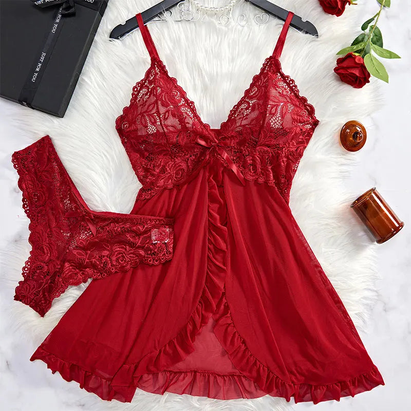 Thin Style G-string Contrast Lace Ruffle Trim Lingerie Set Deep V Slip Dress Thong Women's Sexy Lingerie Lencería Mujeres