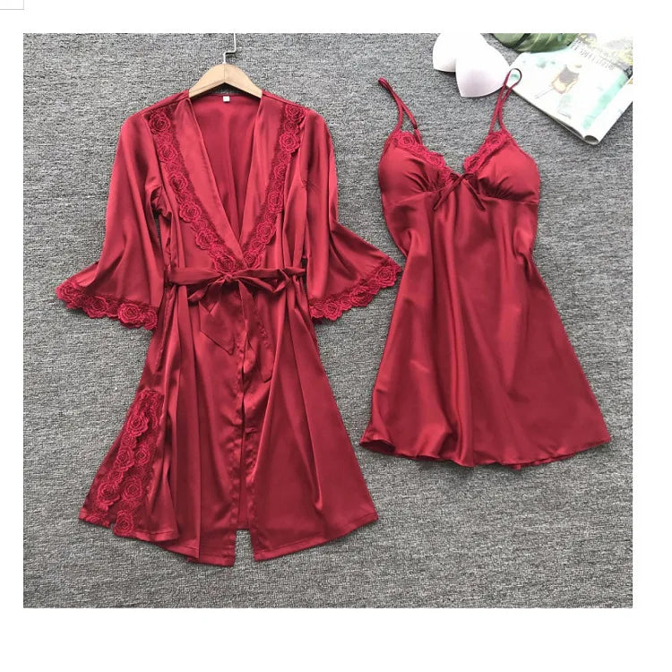 2PCS Leepwear Female Pajamas Set Satin Home Pyjamamas Lace Robe Sleep Suit V-Neck Wedding Nightwear Wear Nighty&Rob