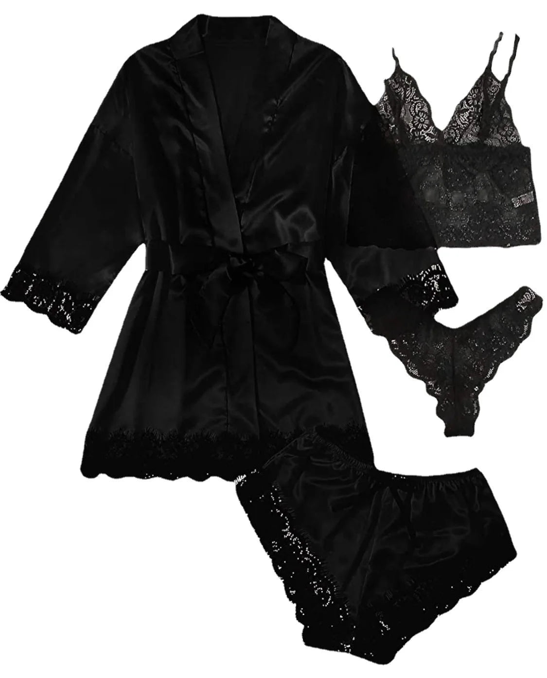 new Women's Sleep Lounge New Pajama Sets European American 4-piece set with lace satin suspender summer set for sleeping pajamas