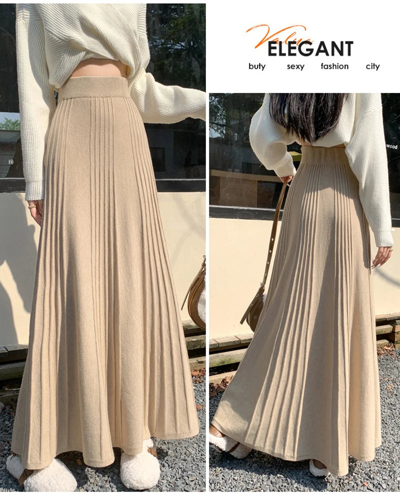 MEXZT Elegant Knitted Midi Skirt Women Fashion High Waist Black Pleated Skirts Fall Winter Ladies Korean Slim A Line Skirt New