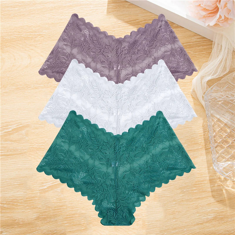 FINETOO 3Pcs/set Lace Boyshort Panties Women Low-Rise Floral Underwear S-XL Girls Sexy Panties Ladies Lace Underpants Lingerie