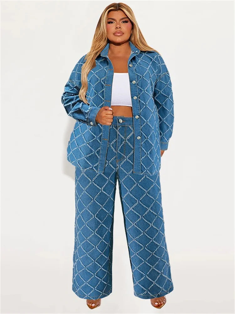 Wmstar Plus Size Denim Two Piece Sets Women Fall Clothing Print Long Sleeve Tops Pants New Matching Suits Wholesale Dropshopping