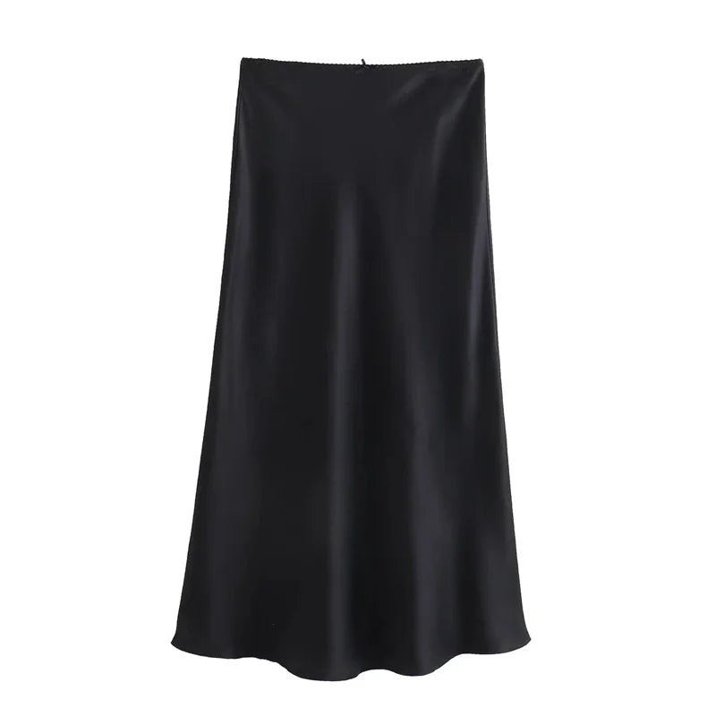 TRAF Black Satin Skirt Woman Bow Elegant Long Skirts For Women 2024 Summer High Waist Midi Skirt Fashion New In Women's Skirts